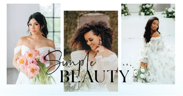 A collage of three women in wedding dresses showcasing professional hair and makeup styles.