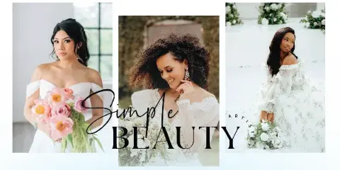 A collage of three women in wedding dresses showcasing professional hair and makeup styles.