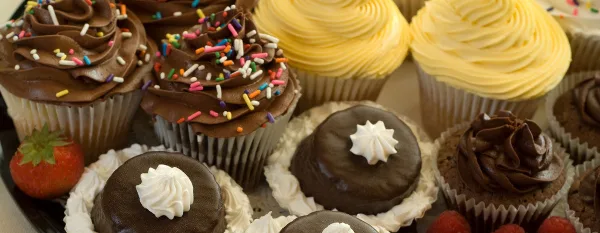An assortment of decorated cupcakes with chocolate and vanilla frosting, sprinkles, and chocolate truffles.