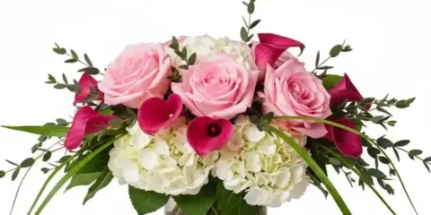 A floral arrangement with pink roses, pink calla lilies, and white hydrangeas in a clear glass vase.