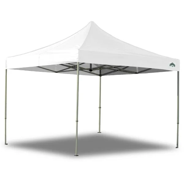 White pop-up event canopy tent with metal frame on a white background