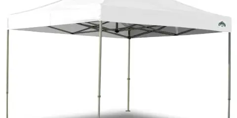 White pop-up event canopy tent with metal frame on a white background