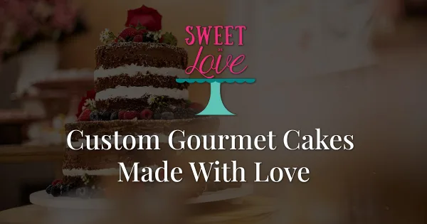 A multi-tiered custom cake decorated with fresh berries and flowers, featuring the Sweet As Love logo and the text 'Custom Gourmet Cakes Made With Love'.