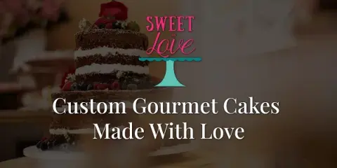 A multi-tiered custom cake decorated with fresh berries and flowers, featuring the Sweet As Love logo and the text 'Custom Gourmet Cakes Made With Love'.