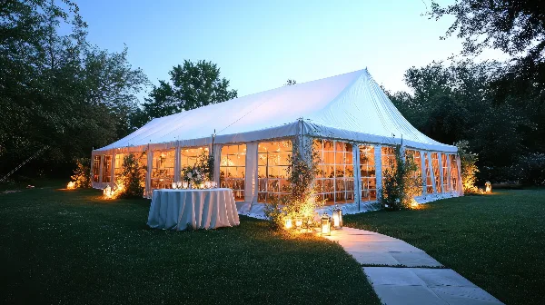 A large white event tent set up on a grassy lawn at dusk, featuring a decorated table and string lights.