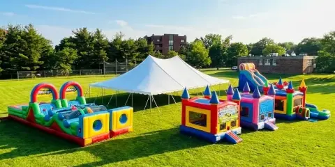 A white event tent and several colorful inflatable bounce houses and water slides set up on a green lawn.