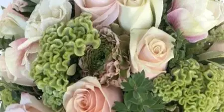 A close-up of a floral arrangement with pink and white roses and greenery