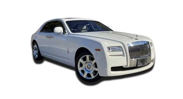 A white Rolls-Royce Ghost luxury sedan parked on a white background.
