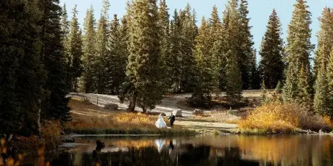 A bride and groom standing by a calm lake surrounded by tall pine trees and autumn foliage.