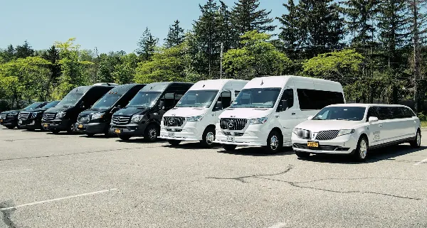 A lineup of luxury transportation vehicles including black and white Mercedes-Benz Sprinter vans and a white Lincoln Aviator limousine parked in a lot.