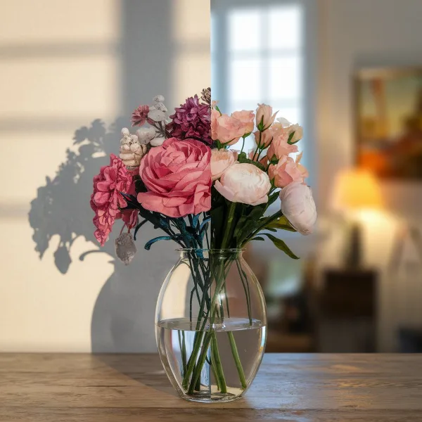 A floral arrangement of pink and white roses and other blooms in a clear glass vase on a wooden table.