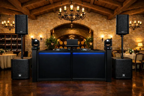 A professional DJ booth with a mixer, speakers, and lighting equipment set up in a rustic stone-walled wedding venue.