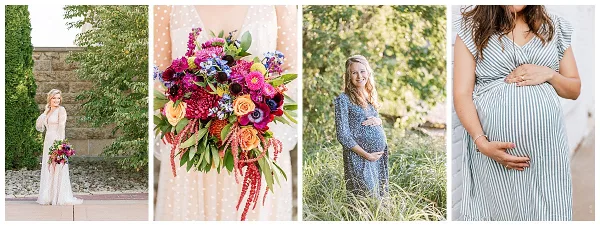 A collage of four photographs showing a bride in a white dress holding a bouquet, a close-up of a colorful floral arrangement, and two women posing for maternity portraits.