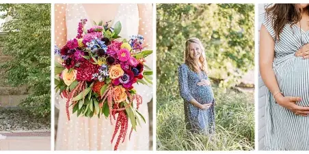 A collage of four photographs showing a bride in a white dress holding a bouquet, a close-up of a colorful floral arrangement, and two women posing for maternity portraits.