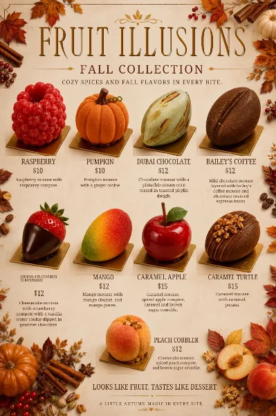 A menu display of fruit-shaped mousse desserts including raspberry, pumpkin, mango, and caramel apple varieties.