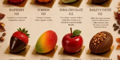 A menu display of fruit-shaped mousse desserts including raspberry, pumpkin, mango, and caramel apple varieties.