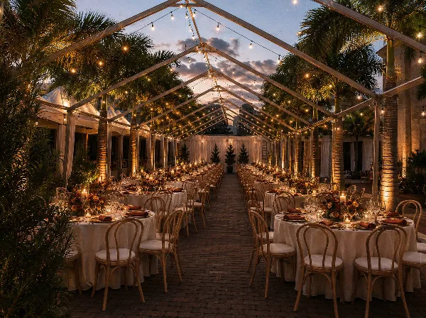 Outdoor event reception under a clear-frame tent with string lights, round tables, chairs, and floral centerpieces at dusk.
