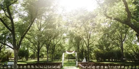 An outdoor wedding ceremony setup with rows of chairs and a floral arch under a canopy of green trees.