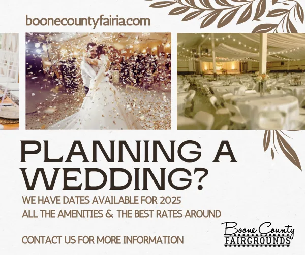 A collage showing a bride and groom dancing with confetti and a large banquet hall set up for a wedding reception.