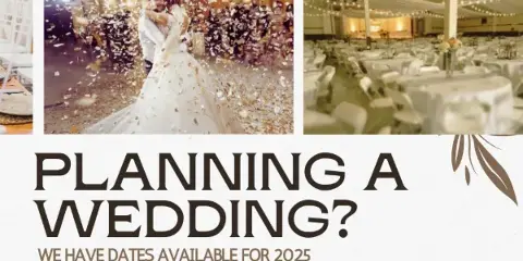 A collage showing a bride and groom dancing with confetti and a large banquet hall set up for a wedding reception.