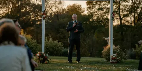 A wedding officiant in a suit stands at a white outdoor archway, speaking into a microphone to a seated audience during a ceremony.