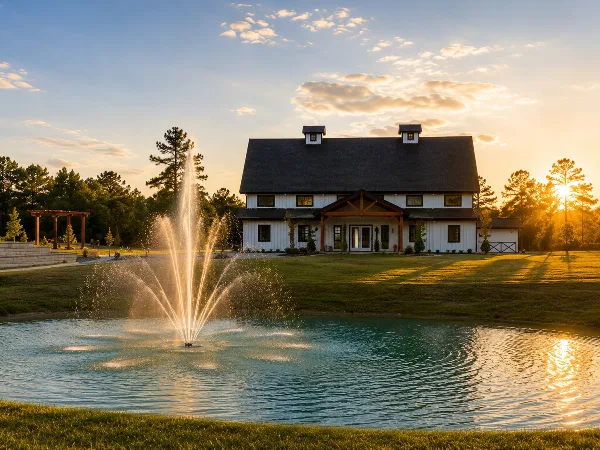 Exterior view of a white post-and-beam event venue with a pond and fountain in the foreground at sunset.