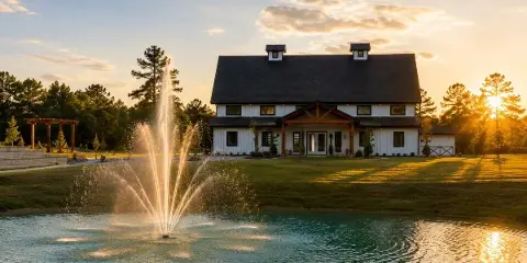 Exterior view of a white post-and-beam event venue with a pond and fountain in the foreground at sunset.