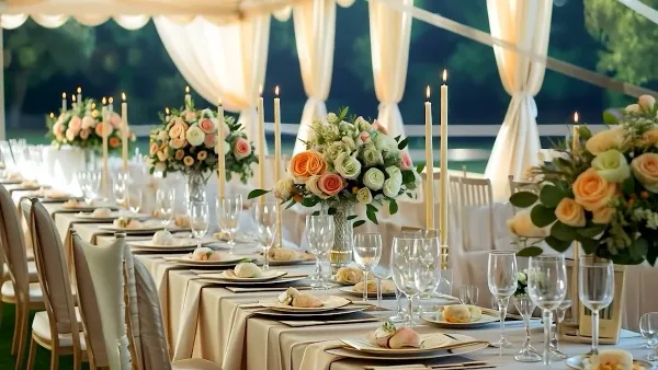 A long banquet table set with beige linens, white chairs, tall taper candles, and floral centerpieces under a draped tent.