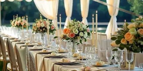 A long banquet table set with beige linens, white chairs, tall taper candles, and floral centerpieces under a draped tent.
