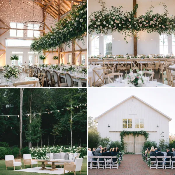 A collage of four photos showing a wedding venue interior with long tables and floral decor, an outdoor lounge area, and a white barn exterior with a ceremony setup.