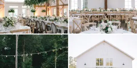 A collage of four photos showing a wedding venue interior with long tables and floral decor, an outdoor lounge area, and a white barn exterior with a ceremony setup.
