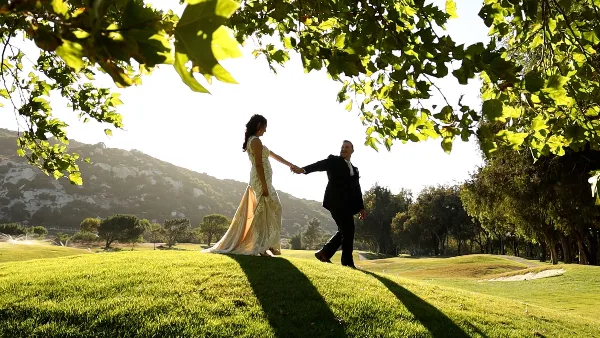 Bride and groom holding hands on a grassy hillside with trees and mountains in the background