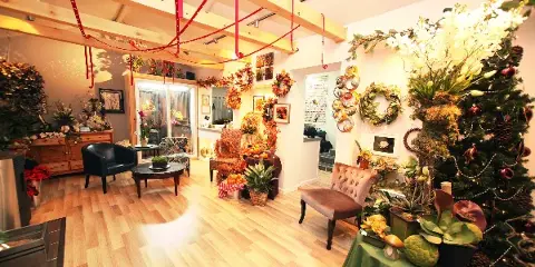Interior view of a floral boutique featuring various flower arrangements, wreaths, and a decorated Christmas tree.