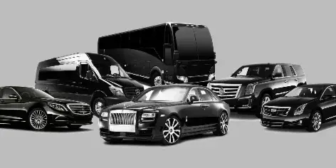 A lineup of black luxury vehicles including a Rolls-Royce, Mercedes-Benz, Cadillac, and Sprinter vans.