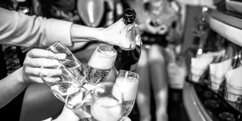 People toasting with champagne flutes inside a party bus or limousine.