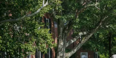A bride and groom walking on the lawn in front of a red brick historic mansion.