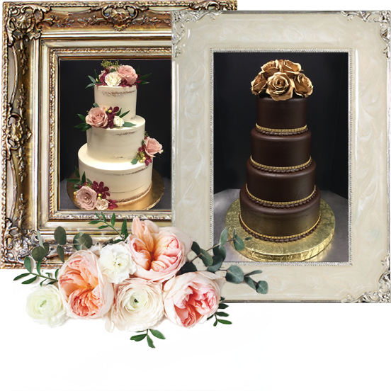 Two multi-tiered wedding cakes, one white with pink flowers and one chocolate with gold accents, displayed in ornate frames.