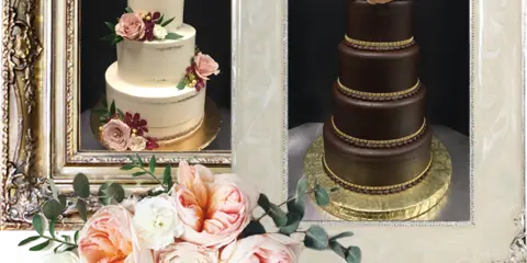 Two multi-tiered wedding cakes, one white with pink flowers and one chocolate with gold accents, displayed in ornate frames.