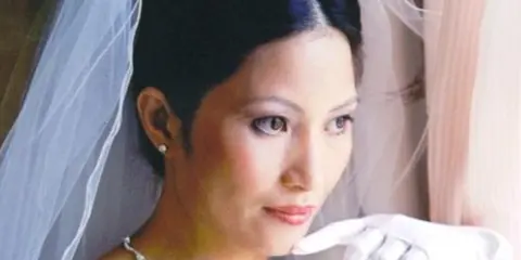 Portrait of a bride wearing a veil, tiara, and white glove with the word Weddings overlaid.