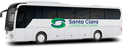 A white full-sized charter bus with Santa Clara Charter Bus Company branding.