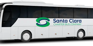 A white full-sized charter bus with Santa Clara Charter Bus Company branding.