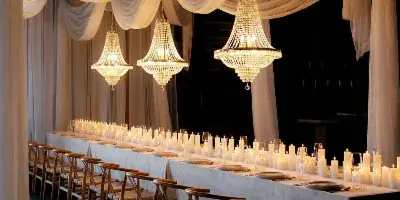 Elegant wedding reception table setting with white drapery and chandeliers