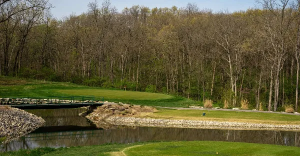 A view of a golf course green with a water hazard and a bridge in the foreground, surrounded by a wooded area.