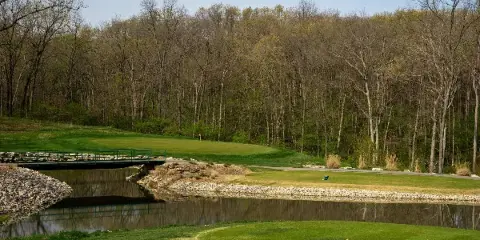 A view of a golf course green with a water hazard and a bridge in the foreground, surrounded by a wooded area.