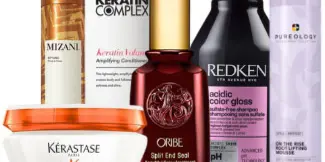 An assortment of professional hair care products including Kérastase, Redken, and Mizani bottles.