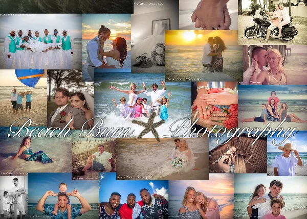 A collage of wedding and family portraits taken on a beach, featuring couples, families, and details like rings and bouquets.