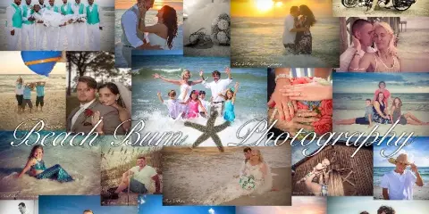 A collage of wedding and family portraits taken on a beach, featuring couples, families, and details like rings and bouquets.