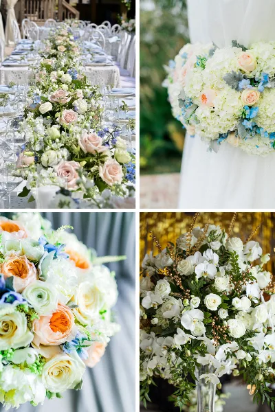 A four-panel collage showing wedding floral arrangements, including a long table runner with pink roses, a white and blue bridal bouquet, a close-up of a mixed bouquet, and a tall white floral centerpiece.