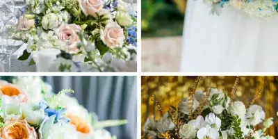 A four-panel collage showing wedding floral arrangements, including a long table runner with pink roses, a white and blue bridal bouquet, a close-up of a mixed bouquet, and a tall white floral centerpiece.