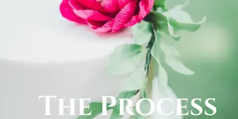 A close-up of a white cake decorated with a pink flower and green leaves.